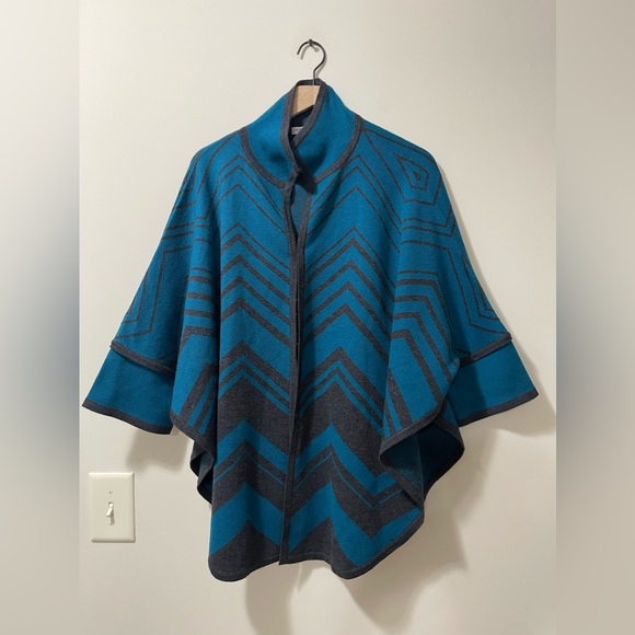 Pendleton Teal Blue Green Charcoal Gray Chevron Kimono Merino Wool Medium Large - Picture 3 of 7